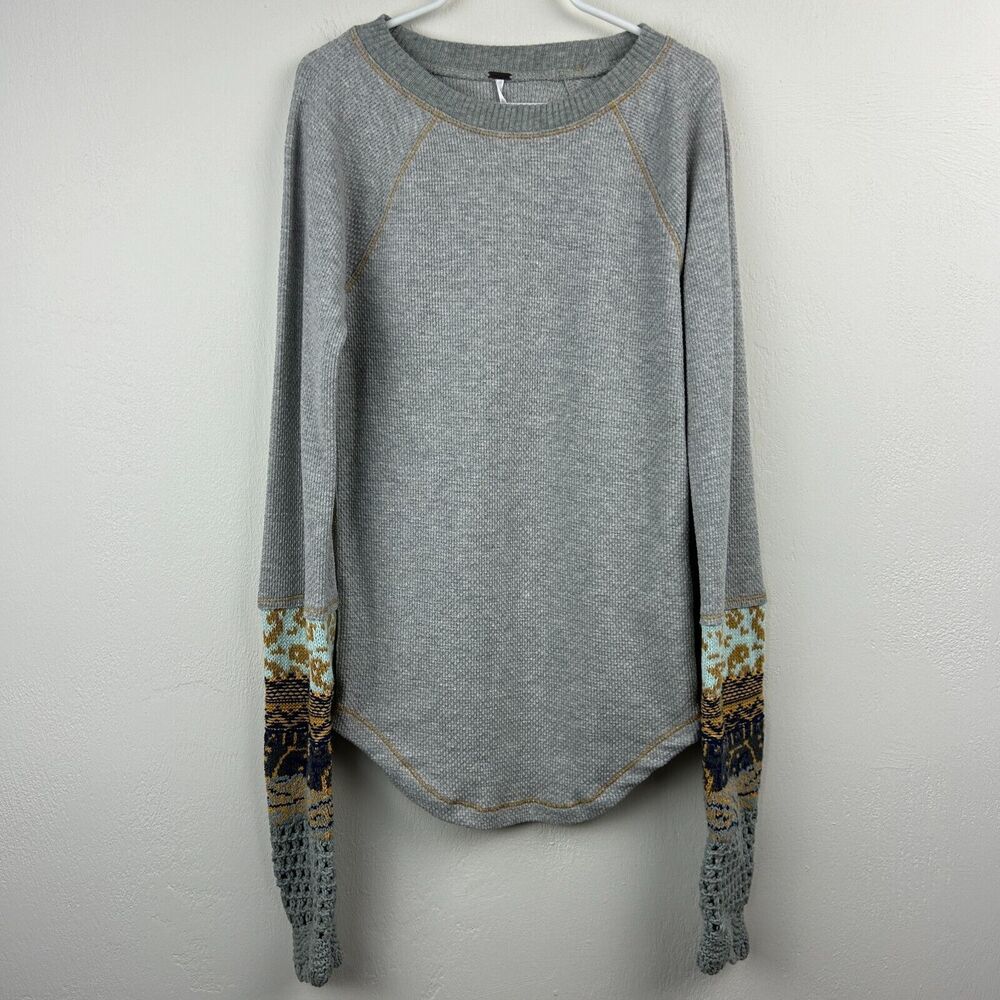 Free People Thermal Shirt Womens XS Gray In The Mix Crochet Waffle Knit Top